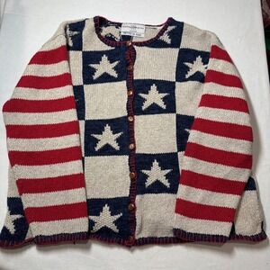Vtg Marisa Christina Patriotic Star USA Flag Hand Knitted Cardigan Sweater‎ 1X
